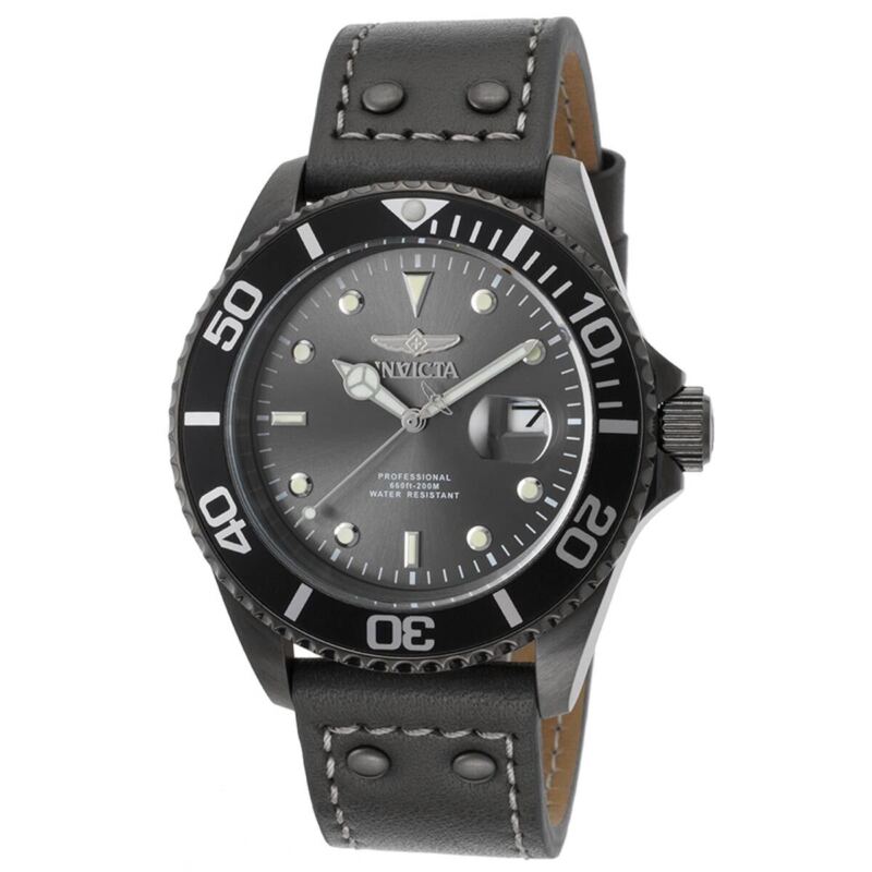 Invicta Men Watch Pro Diver Quartz Dive Grey Dial Grey Leather Strap 22077