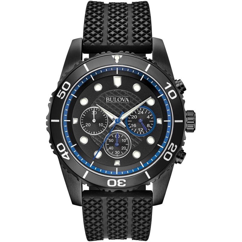Bulova Men Quartz Chronograph Black Silicone 43mm Watch 98A211