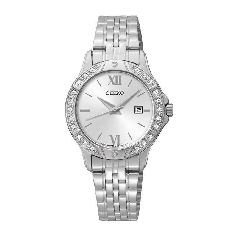Seiko Womens Dress Silver Dial Steel Bracelet Crystal Accented Watch SUR865
