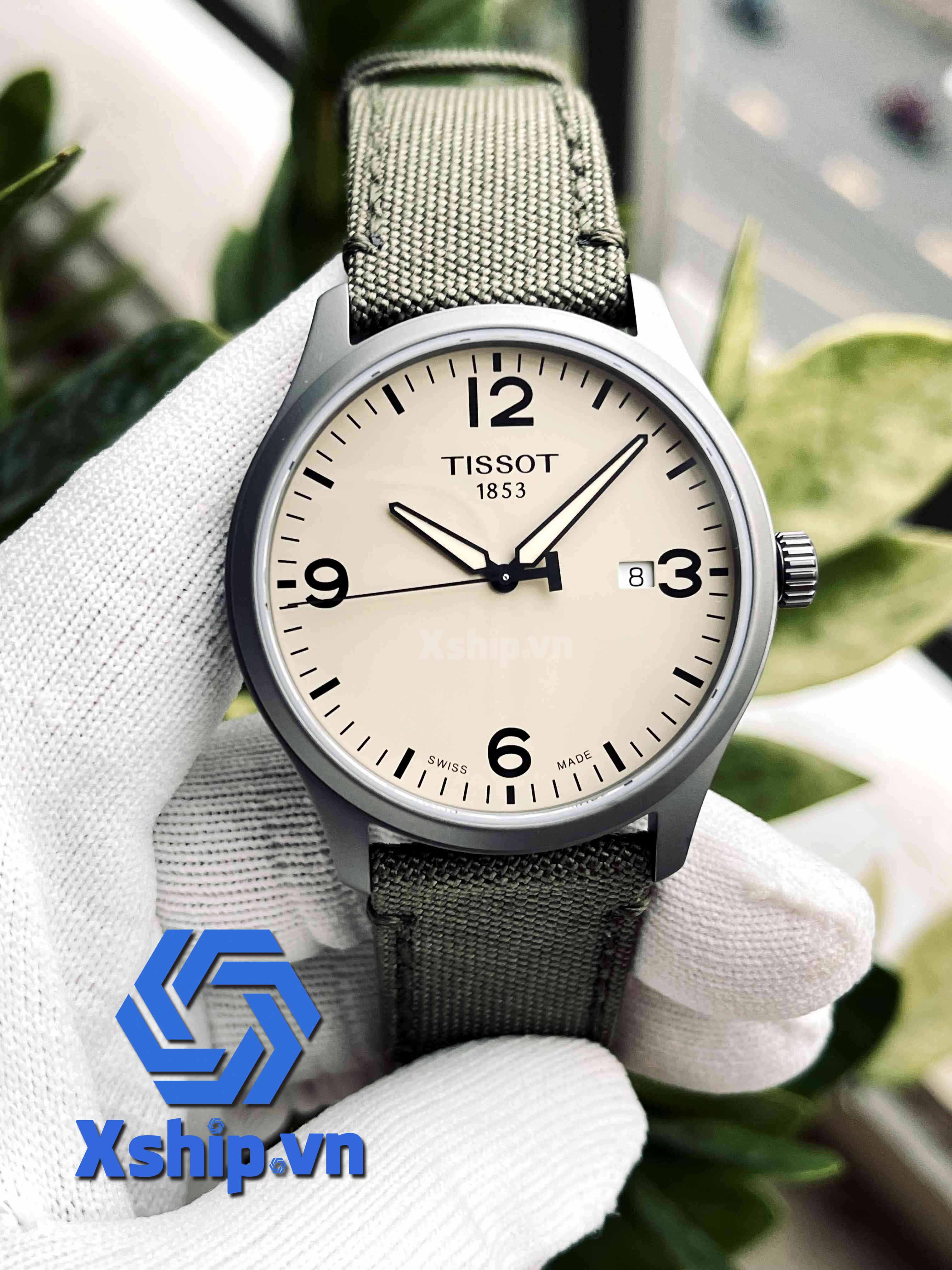 Tissot Gent XL Quartz Beige Dial Olive Green Fabric Men Watch T116