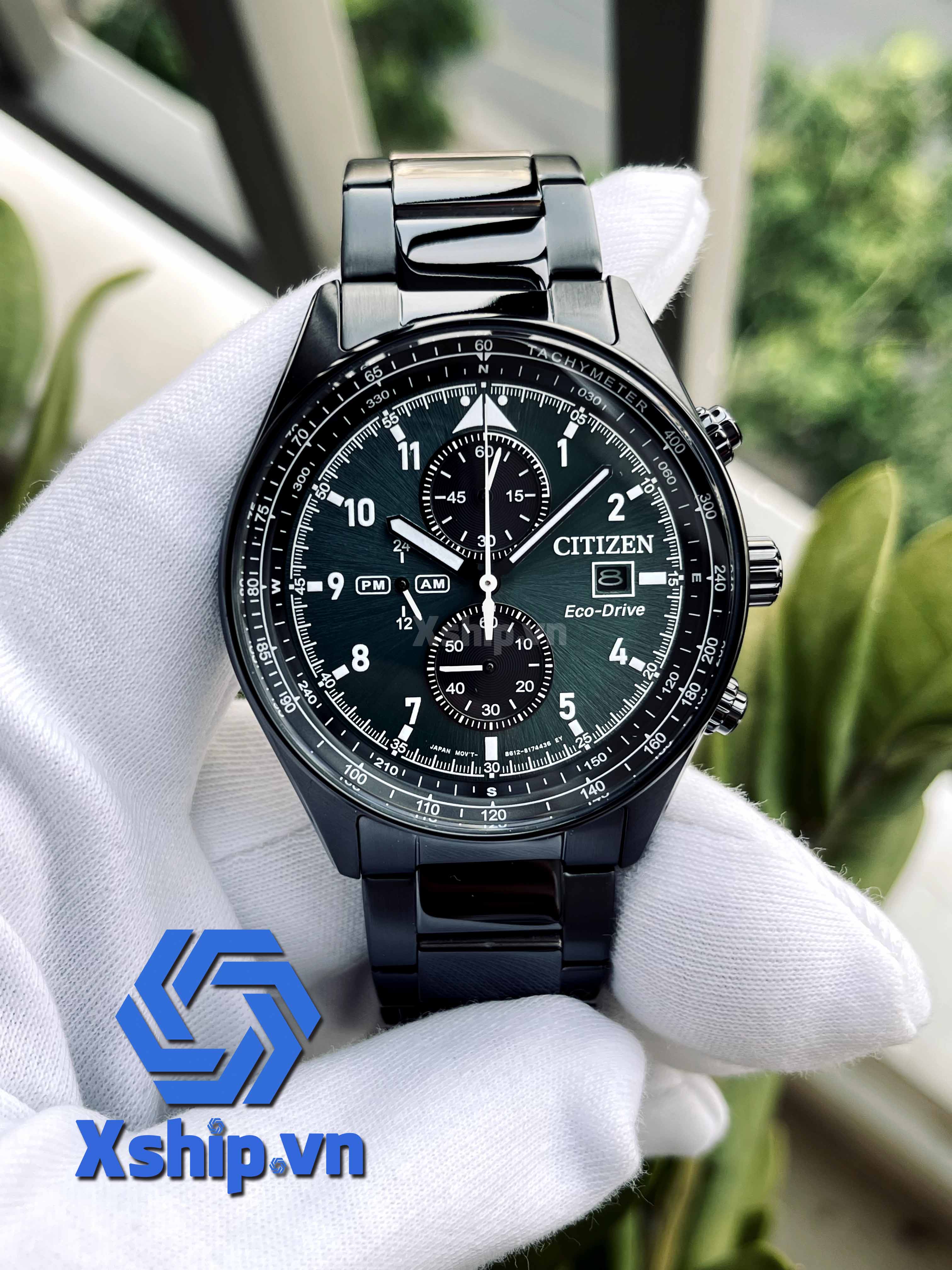 Citizen Green Dial Chronograph Black Stainless Steel Bracelet Eco Drive Watch CA0775-87X