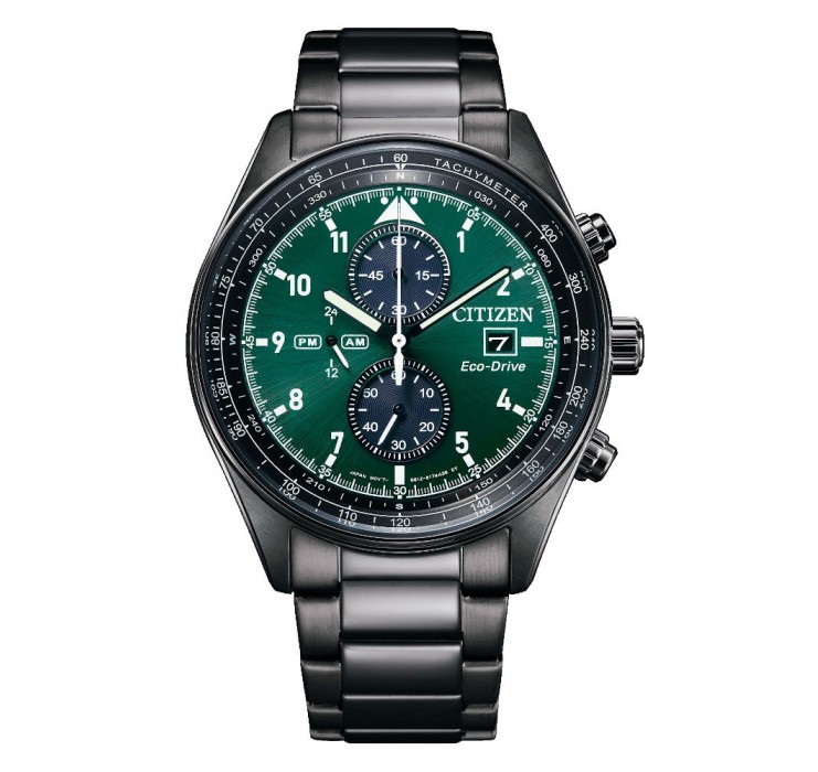 Citizen Green Dial Chronograph Black Stainless Steel Bracelet Eco Drive Watch CA0775-87X