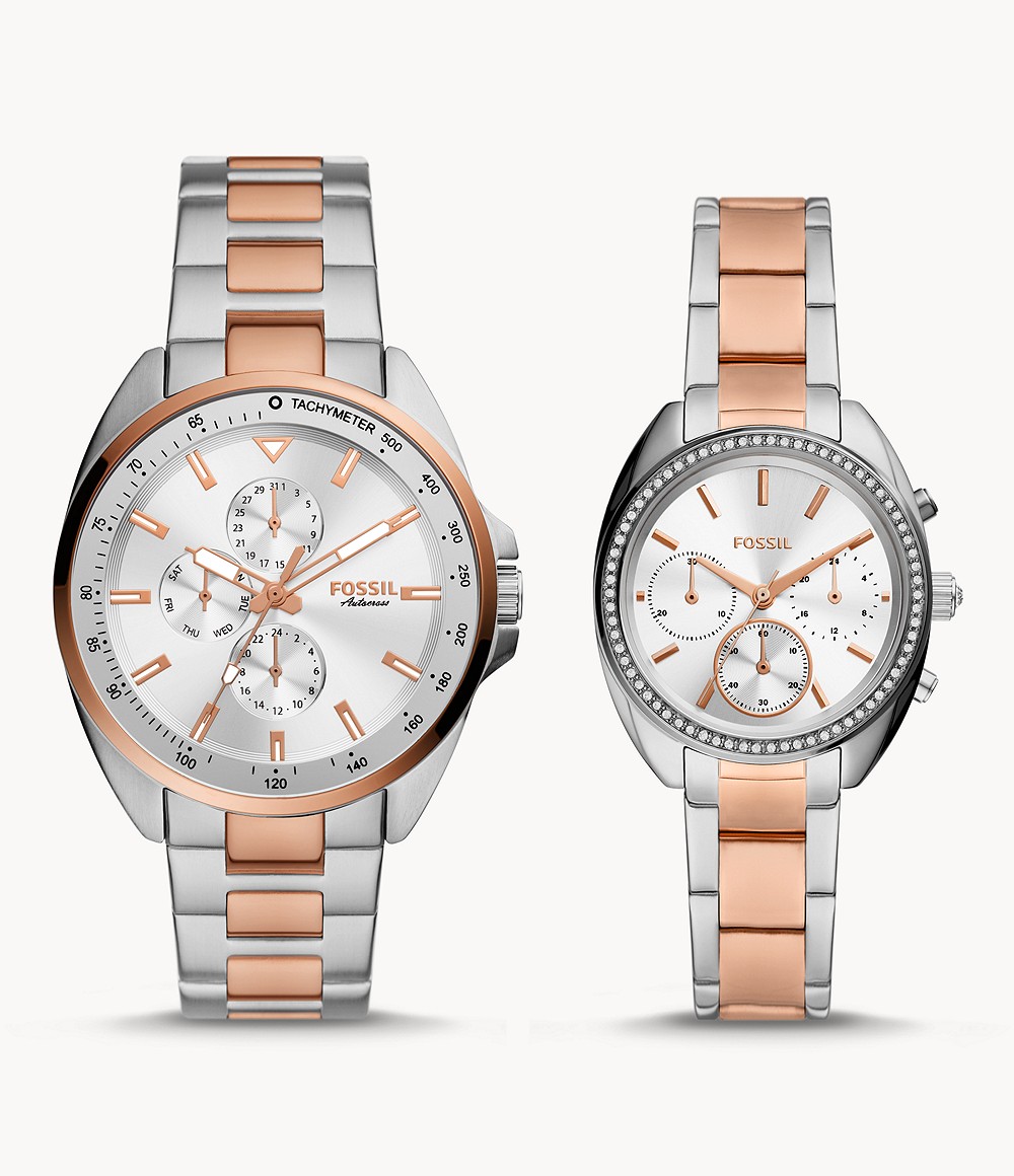 Fossil His and Her Multifunction Two Tone Stainless Steel Quartz Watch Gift Set BQ2642SET